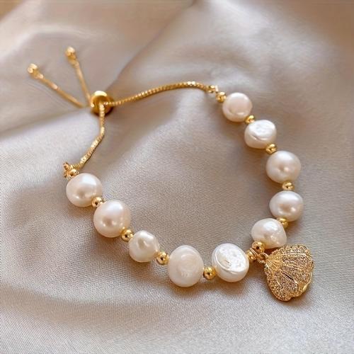 Freshwater Pearl Bracelet, with Tibetan Style, Shell, gold color plated, box chain & for woman, Sold By PC