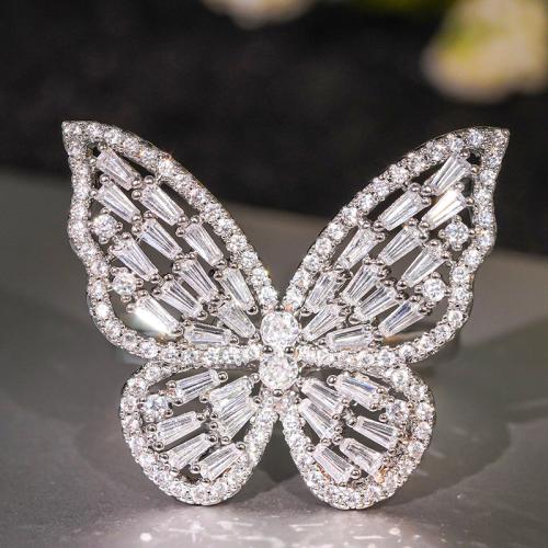 metal anillo, Mariposa, chapado en platina real, diverso tamaño para la opción & micro arcilla de zirconia cúbica & para mujer, tamaño:6-10, Vendido por UD