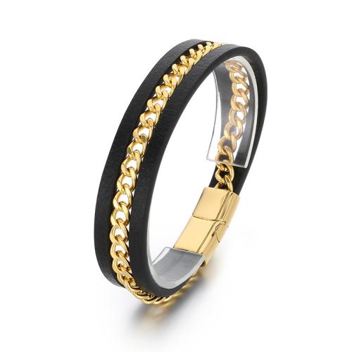 Acier inoxydable 304 bracelet, avec Microfibre PU, Placage, multicouche & pour homme, plus de couleurs à choisir, 210x6mm, Vendu par PC