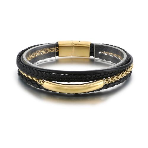 Acier inoxydable 304 bracelet, avec Microfibre PU, Placage, multicouche & pour homme, plus de couleurs à choisir, 210x6mm, Vendu par PC