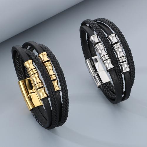 304 Stainless Steel Bracelet, with PU Leather, plated, multilayer & different styles for choice & for man, Length:21 cm, Sold By PC