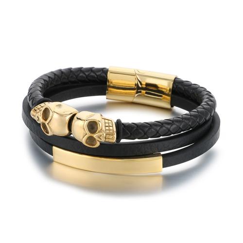 304 Stainless Steel Bracelet, with PU Leather, Skull, plated, multilayer & for man, more colors for choice, 210x6mm, Sold By PC