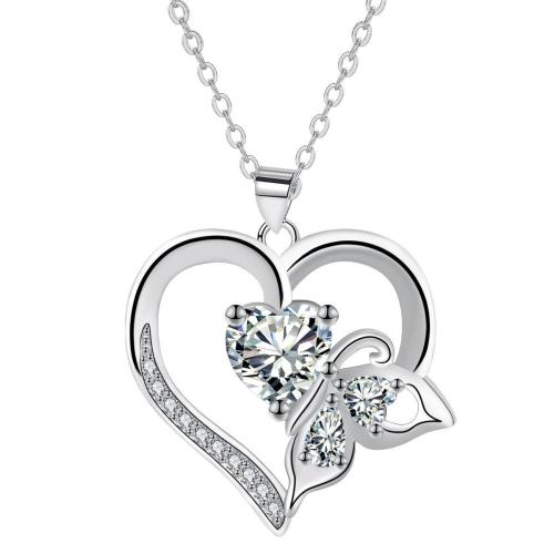 Cubic Zircon Micro Pave Brass Necklace, with 5cm extender chain, Heart, silver color plated, oval chain & micro pave cubic zirconia & for woman, 22x19mm, Sold Per Approx 45 cm Strand