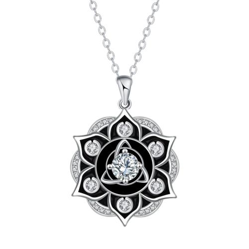 Cubic Zircon Micro Pave Brass Necklace, with stainless steel chain, with 5cm extender chain, Flower, platinum color plated, oval chain & micro pave cubic zirconia & for woman & enamel, black, 22.20x24.20mm, Sold Per Approx 45 cm Strand