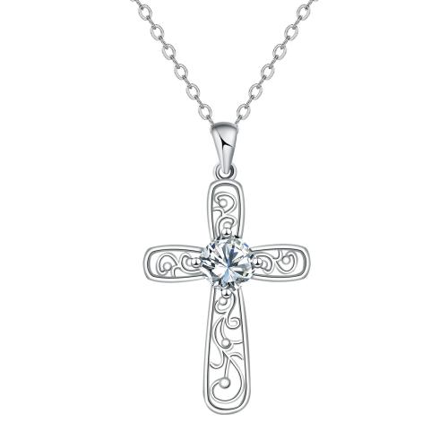 Collier en laiton cubique Zircon Micro Pave, avec chaîne en acier inoxydable, avec 5cm chaînes de rallonge, croix, Placage de couleur argentée, chaîne ovale & pour femme & avec zircone cubique, 20x28mm, Vendu par Environ 45 cm brin