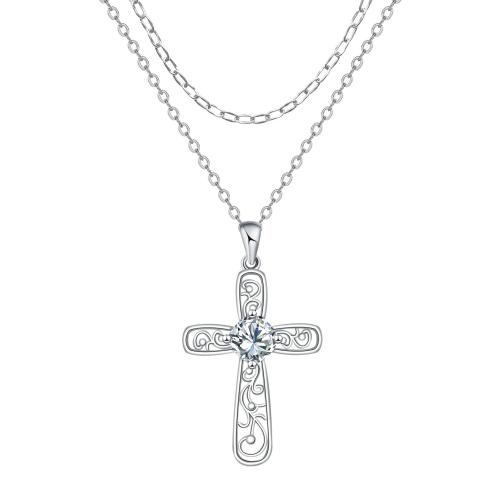 Collier en laiton cubique Zircon Micro Pave, avec chaîne en acier inoxydable, avec 5cm chaînes de rallonge, croix, Placage de couleur argentée, Double couche & chaîne ovale & pour femme & avec zircone cubique, 19.30x28.60mm, Vendu par Environ 45 cm brin
