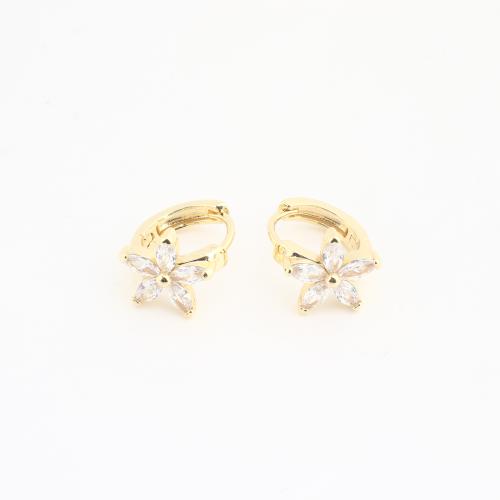 Brass Huggie Hoop Earring, Flower, gold color plated, for woman & with rhinestone, 15x13x6mm, 20PCs/Bag, Sold By Bag