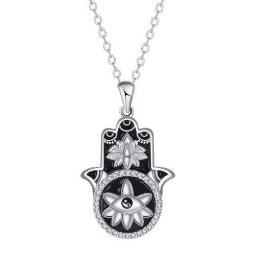 Cubic Zircon Micro Pave Brass Necklace, with stainless steel chain, with 5cm extender chain, Hamsa, silver color plated, oval chain & micro pave cubic zirconia & for woman & enamel, black, 21x27mm, Sold Per Approx 45 cm Strand