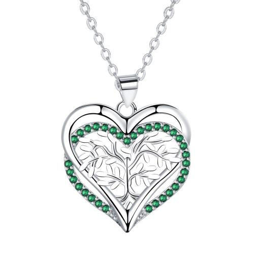 Cubic Zircon Micro Pave Brass Necklace, with 5cm extender chain, Heart, silver color plated, oval chain & micro pave cubic zirconia & for woman, green, 22x22mm, Sold Per Approx 45 cm Strand