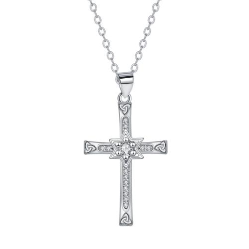 Cubic Zircon Micro Pave Brass Necklace, with stainless steel chain, with 5cm extender chain, Cross, platinum color plated, oval chain & micro pave cubic zirconia & for woman, 19x28mm, Sold Per Approx 45 cm Strand