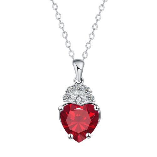 Cubic Zircon Micro Pave Brass Necklace, with stainless steel chain, with 5cm extender chain, Heart, platinum color plated, oval chain & micro pave cubic zirconia & for woman, red, 11.50x16mm, Sold Per Approx 45 cm Strand