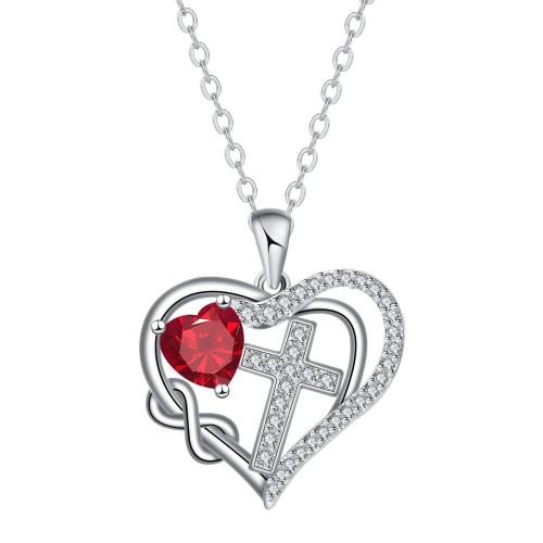 Cubic Zircon Micro Pave Brass Necklace, with stainless steel chain, with 5cm extender chain, Heart, platinum color plated, oval chain & micro pave cubic zirconia & for woman, red, 22.80x20.50mm, Sold Per Approx 45 cm Strand