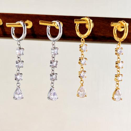 304 Stainless Steel Huggie Hoop Drop Earring, plated, micro pave cubic zirconia & for woman, more colors for choice, Sold By Pair