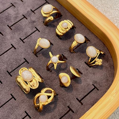 304 Stainless Steel Cuff Finger Ring, with Gemstone, gold color plated, different styles for choice & for woman, Sold By PC