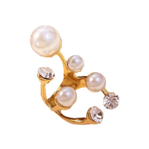 304 Stainless Steel Cuff Finger Ring, with Plastic Pearl, gold color plated, for woman & with rhinestone, Sold By PC