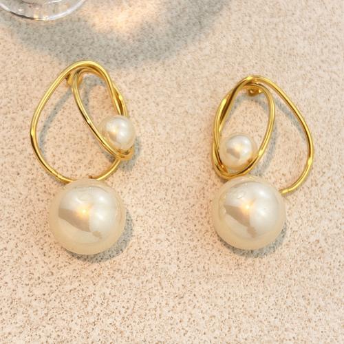 304 Stainless Steel Stud Earring, with Plastic Pearl, gold color plated, fashion jewelry & for woman, 33x66mm, Sold By Pair