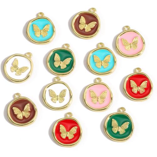 Tibetan Style Enamel Pendants, Flat Round, gold color plated, DIY & with butterfly pattern, more colors for choice, Sold By PC
