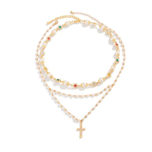Plastic Pearl Necklace, with acrylic rhinestone & Tibetan Style, Cross, plated, three layers & for man, more colors for choice, Sold By PC