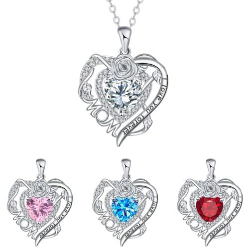 Cubic Zircon Micro Pave Brass Necklace, Heart, silver color plated, oval chain & micro pave cubic zirconia & for woman, more colors for choice, 23x25mm, Sold Per Approx 45 cm Strand