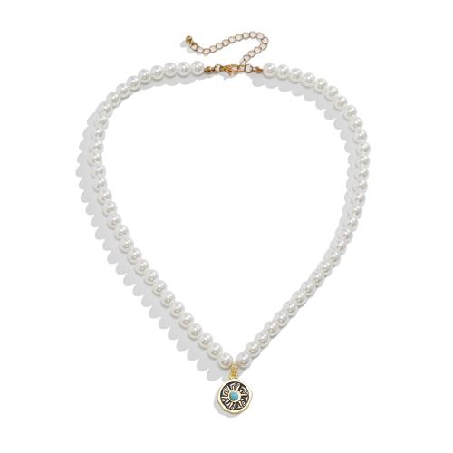 Plastic Pearl Necklace, with Tibetan Style, with 2.7inch extender chain, Flat Round, gold color plated, for man & enamel, Length:Approx 18.5 Inch, Sold By PC