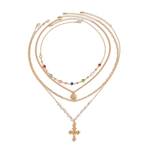 Copper Coated Iron Necklace, with brass chain & iron chain & Plastic Pearl & Tibetan Style, Cross, plated, multilayer & for man & with rhinestone, more colors for choice, Sold By PC