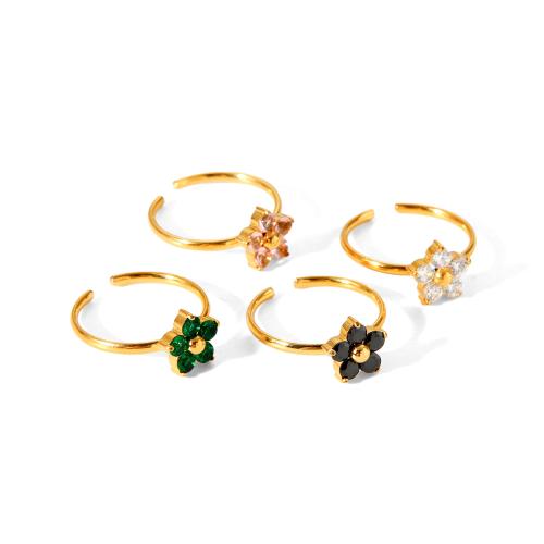 304 Stainless Steel Cuff Finger Ring, Flower, gold color plated, micro pave cubic zirconia & for woman, more colors for choice, Sold By PC