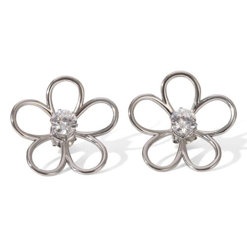 304 Stainless Steel Stud Earring, Flower, plated, for woman & with cubic zirconia & hollow, more colors for choice, 29.60x28.70mm, Sold By Pair