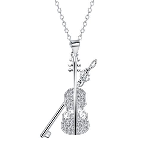Cubic Zircon Micro Pave Brass Necklace, with stainless steel chain, Violin, silver color plated, oval chain & micro pave cubic zirconia & for woman, 18x30.80mm, Sold Per Approx 45 cm Strand
