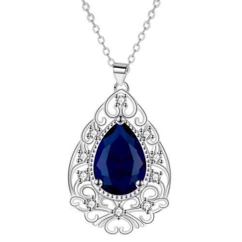 Cubic Zircon Micro Pave Brass Necklace, Heart, platinum color plated, oval chain & micro pave cubic zirconia & for woman, blue, 20x27.80mm, Sold Per Approx 45 cm Strand