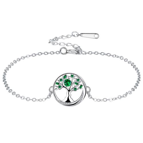 Cubic Zirconia Micro Pave Brass Bracelet, with stainless steel chain, Tree, silver color plated, adjustable & oval chain & micro pave cubic zirconia & for woman, green, 15x15mm, Sold Per Approx 17 cm Strand