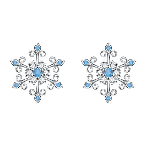 Cubic Zirconia Micro Pave Brass Earring, Snowflake, silver color plated, micro pave cubic zirconia & for woman, blue, 11.70x13.50mm, Sold By Pair