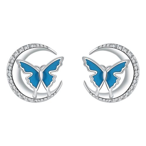 Cubic Zirconia Micro Pave Brass Earring, silver color plated, micro pave cubic zirconia & for woman & enamel, blue, 11x13.50mm, Sold By Pair