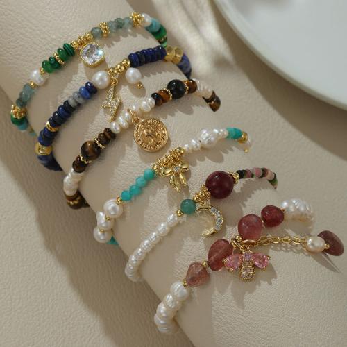 Freshwater Pearl Bracelet, with Gemstone & Brass, with 1.96inch extender chain, different styles for choice & micro pave cubic zirconia & for woman, Length:Approx 7.08 Inch, Sold By PC