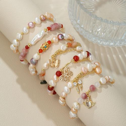 Freshwater Pearl Bracelet, with Jade & Strawberry Quartz & Brass, different styles for choice & for woman & with rhinestone, Length:Approx 6.29-10.23 Inch, Sold By PC