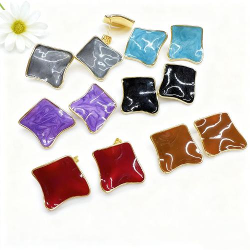 Brass Stud Earring, Rhombus, gold color plated, for woman & enamel, more colors for choice, 20x22mm, Sold By Pair
