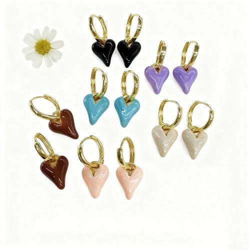 Brass Huggie Hoop Drop Earring, Heart, gold color plated, for woman & enamel, more colors for choice, Sold By Pair