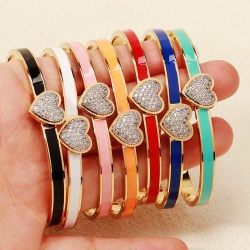 Stainless Steel Bangle, Heart, gold color plated, micro pave cubic zirconia & for woman & enamel, more colors for choice, 12x3mm, Inner Diameter:Approx 60mm, Sold By PC