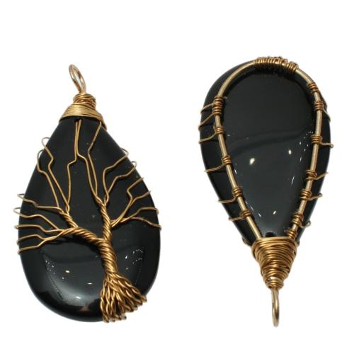 Gemstone Pendants Jewelry, Black Stone, with Tibetan Style, Teardrop, polished, DIY, 55x30mm, Sold By PC