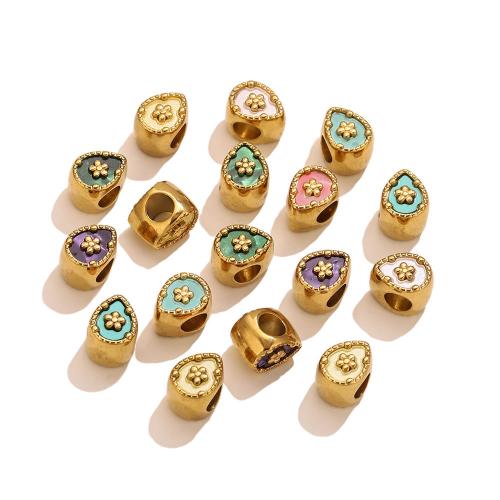 Stainless Steel Beads, 304 Stainless Steel, with Acrylic, Teardrop, gold color plated, DIY & with flower pattern, more colors for choice, 7.50x10mm, Hole:Approx 4.4mm, Sold By PC