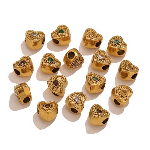 Stainless Steel Large Hole Beads, 304 Stainless Steel, Heart, gold color plated, DIY & with rhinestone, more colors for choice, 11.60x11mm, Hole:Approx 4.1mm, Sold By PC