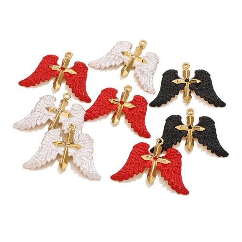 Stainless Steel Pendants, 304 Stainless Steel, Angel Wing Cross, gold color plated, DIY & enamel & with rhinestone, more colors for choice, 46.80x36mm, Hole:Approx 2.3mm, Sold By PC