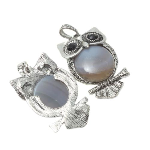 Grey Agate Pendant, with Tibetan Style, Owl, plated, DIY & with rhinestone, 32x50mm, Sold By PC