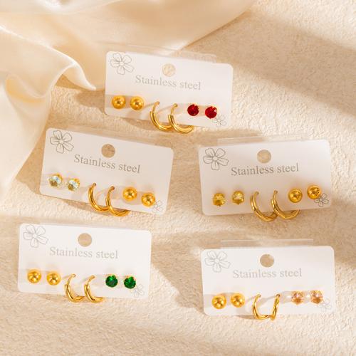 304 Stainless Steel Stud Earring Set, gold color plated, micro pave cubic zirconia & for woman, more colors for choice, Hole:Approx 1.2-1mm, Sold By Set