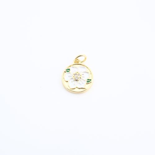 Rhinestone Brass Pendants, Flat Round, gold color plated, DIY & with flower pattern & enamel & with rhinestone, 12x12x2mm, Sold By PC
