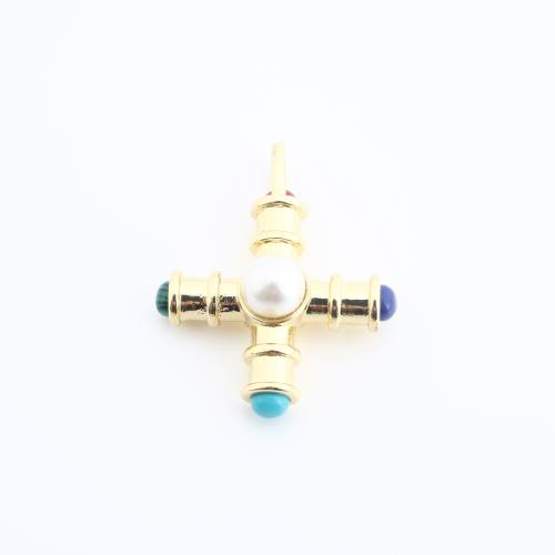 Gemstone Pendants Jewelry, Brass, with Gemstone & Plastic Pearl, Cross, gold color plated, DIY, 32x27x10mm, Sold By PC