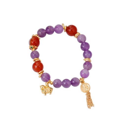 Crystal Bracelets, Brass, with Elastic Thread & Red Agate & Crystal, 18K gold plated, micro pave cubic zirconia & for woman, purple, Sold By Strand