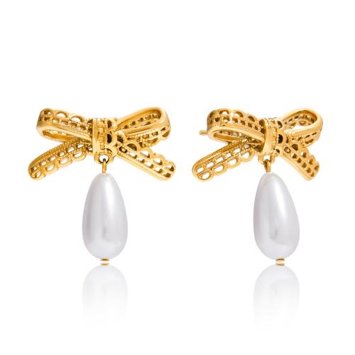 Stainless Steel Drop Earring, Bowknot, gold color plated, for woman, white, 23.50x24.60mm, Sold By Pair