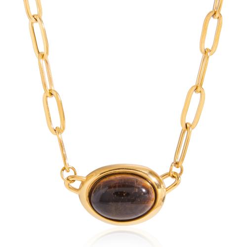 Natural Gemstone Necklace, Stainless Steel, with Tiger Eye, with 5cm extender chain, gold color plated, oval chain & for woman, 13.30mm, Sold Per Approx 41 cm Strand