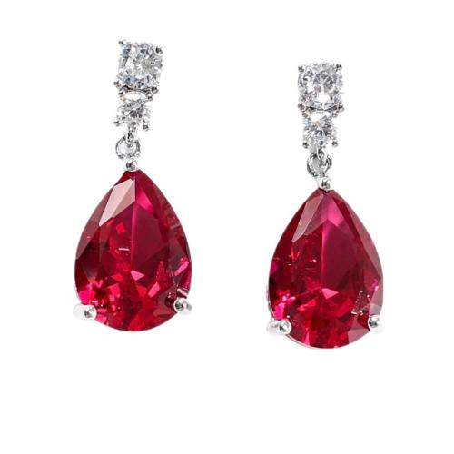 Brass Drop Earring, with Ruby Alumina, Teardrop, plated, for woman & with cubic zirconia, more colors for choice, 10.20x25.50mm, Sold By Pair