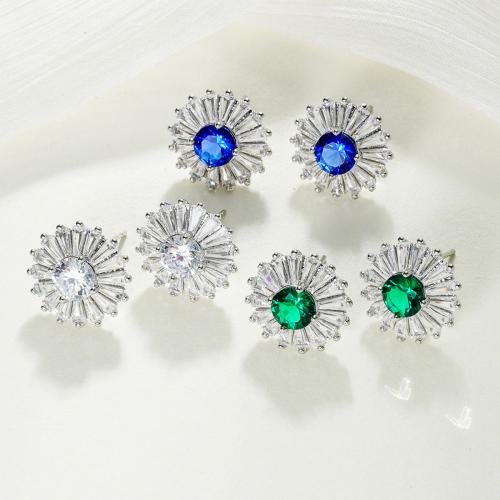 Brass Stud Earring, Flower, plated, micro pave cubic zirconia & for woman, more colors for choice, 15x15mm, Sold By Pair
